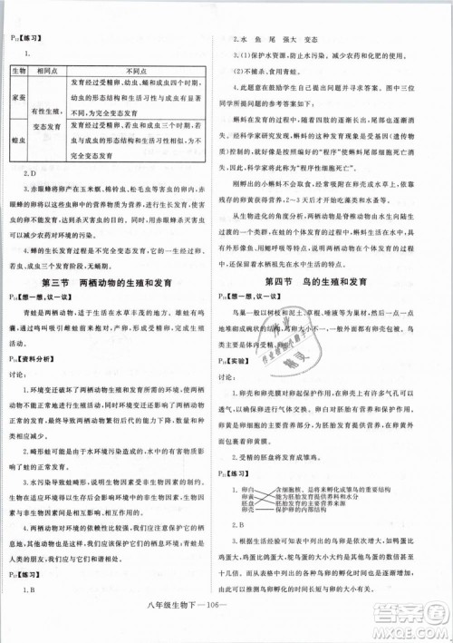 2019年优翼学练优学科思维训练法八年级生物下册RJ人教版参考答案