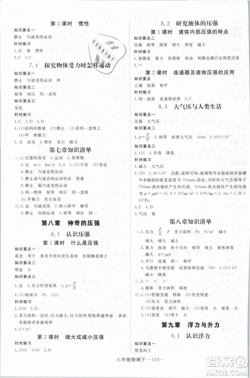 优翼丛书2019年学练优学科思维训练法八年级物理下册HY沪粤版参考答案 优翼丛书2019年学练优学科思维训练法八年级物理下册HY沪粤版参考答案