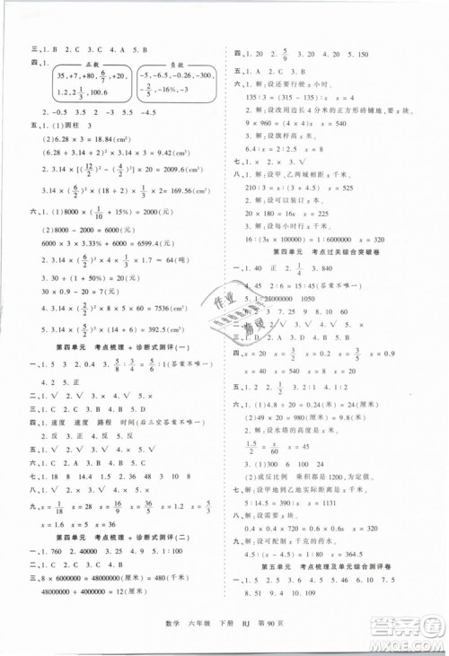 2019年人教版王朝霞考点梳理时习卷六年级数学下册参考答案 2019年人教版王朝霞考点梳理时习卷六年级数学下册参考答案