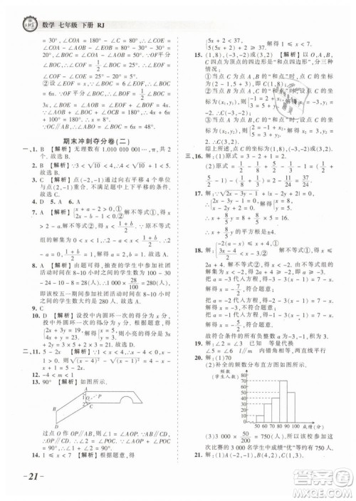 2019年王朝霞考点梳理时习卷七年级数学下册人教版参考答案 2019年王朝霞考点梳理时习卷七年级数学下册人教版参考答案