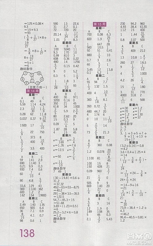 2019年王朝霞口算小达人六年级下册人教版参考答案