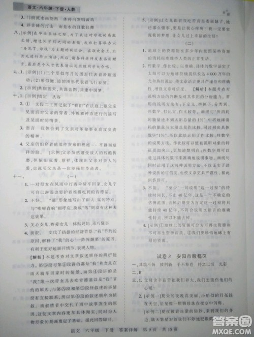 郑州都市版2019年王朝霞期末真题精编六年级语文下册人教版参考答案