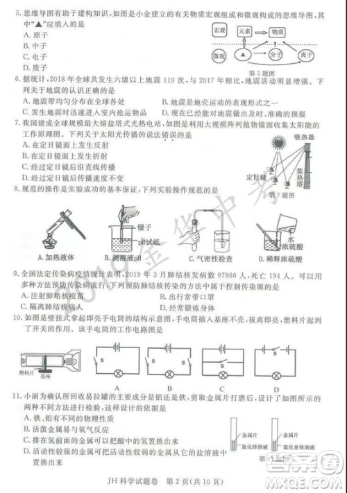 2019年浙江省金华市中考科学试题及答案