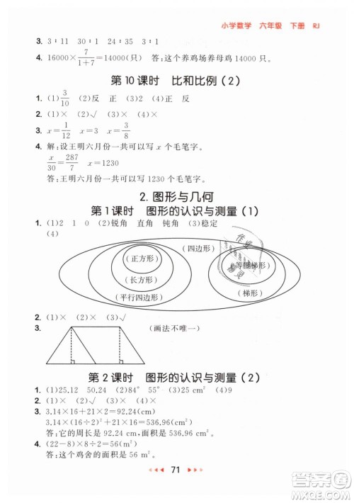 小儿郎2019年53随堂测六年级下册数学RJ人教版参考答案