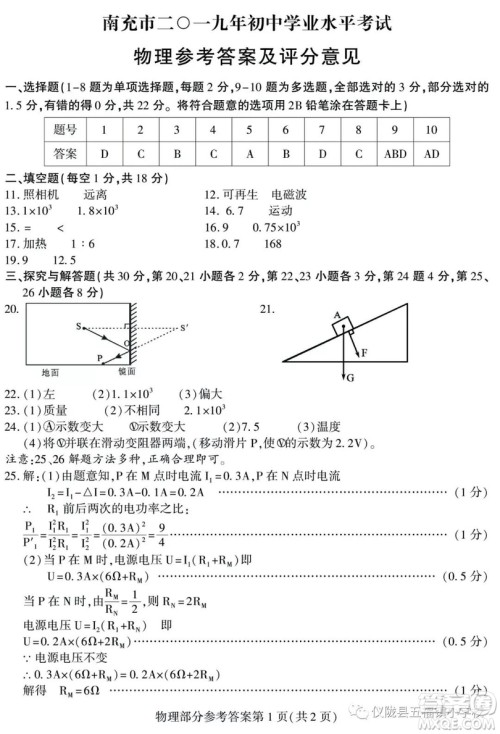 2019年四川南充中考物理试题及答案