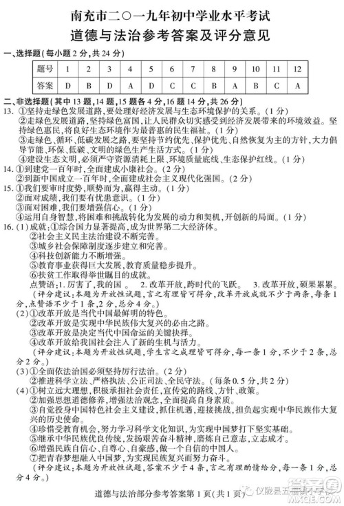 2019年四川南充中考文综试题及答案 2019年四川南充中考文综试题及答案