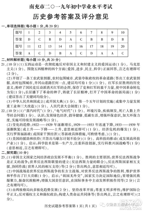 2019年四川南充中考文综试题及答案