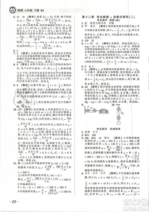 2019年王朝霞考点梳理时习卷八年级物理下册人教版参考答案