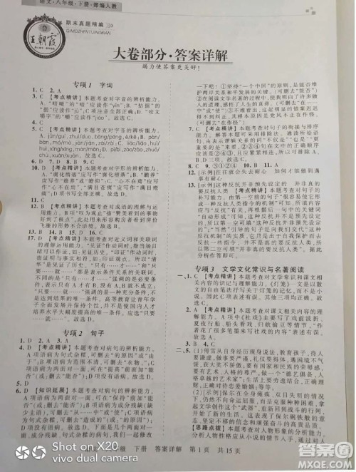 2019年王朝霞期末真题精编八年级语文下册人教版参考答案