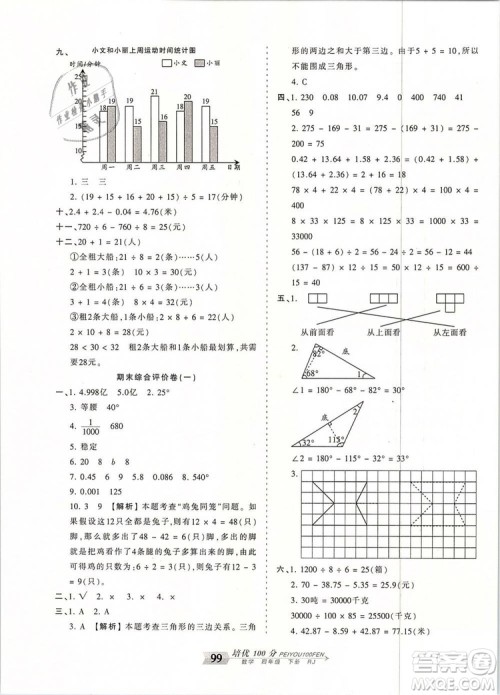 2019年王朝霞培优100分四年级数学下册人教版参考答案 2019年王朝霞培优100分四年级数学下册人教版参考答案