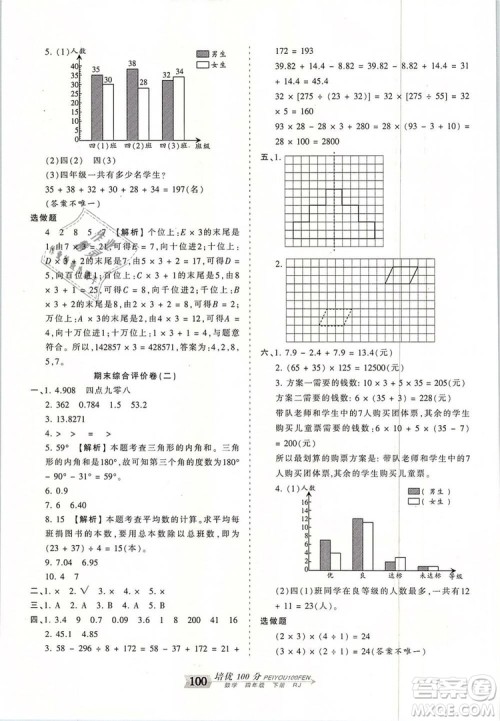 2019年王朝霞培优100分四年级数学下册人教版参考答案 2019年王朝霞培优100分四年级数学下册人教版参考答案