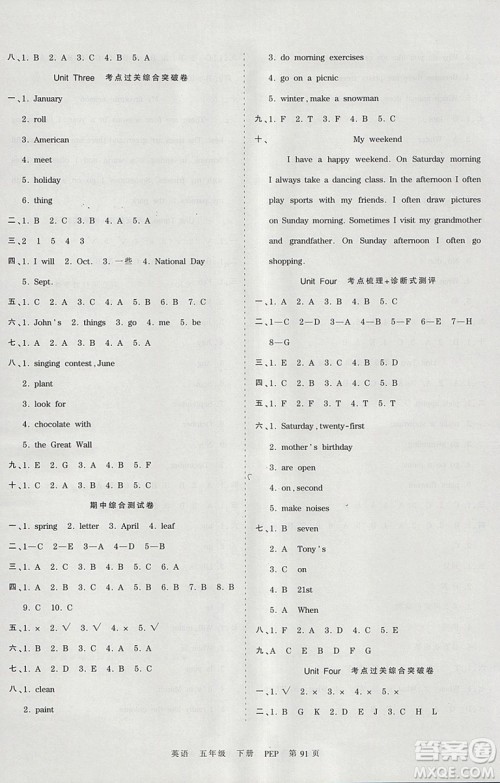 2019年王朝霞考点梳理时习卷五年级英语下册人教PEP版参考答案 2019年王朝霞考点梳理时习卷五年级英语下册人教PEP版参考答案