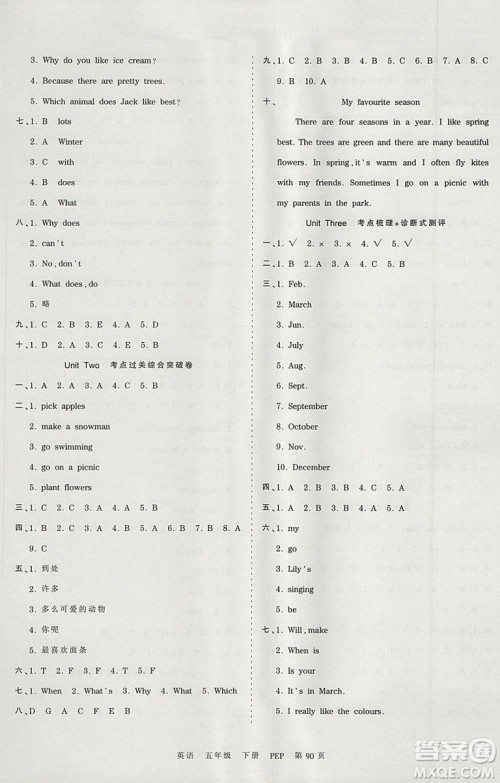 2019年王朝霞考点梳理时习卷五年级英语下册人教PEP版参考答案 2019年王朝霞考点梳理时习卷五年级英语下册人教PEP版参考答案