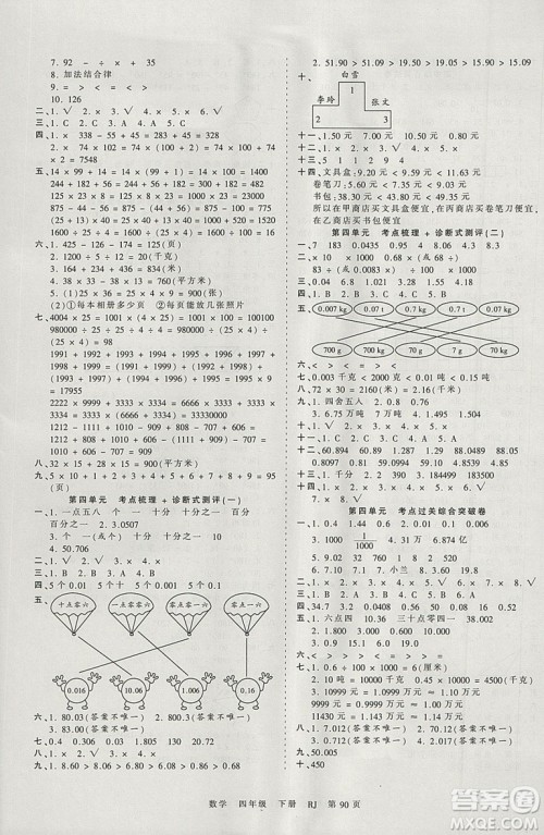2019年王朝霞考点梳理时习卷四年级数学下册人教版参考答案 2019年王朝霞考点梳理时习卷四年级数学下册人教版参考答案