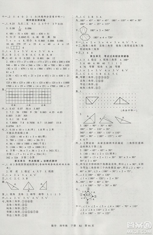 2019年王朝霞考点梳理时习卷四年级数学下册人教版参考答案 2019年王朝霞考点梳理时习卷四年级数学下册人教版参考答案
