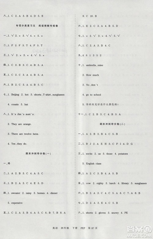 2019年王朝霞考点梳理时习卷四年级英语下册人教PEP版参考答案 2019年王朝霞考点梳理时习卷四年级英语下册人教PEP版参考答案