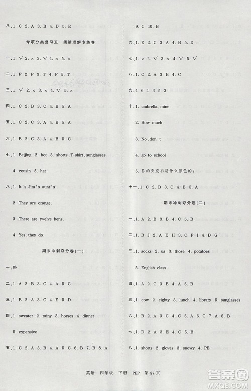 2019年王朝霞考点梳理时习卷四年级英语下册人教PEP版参考答案