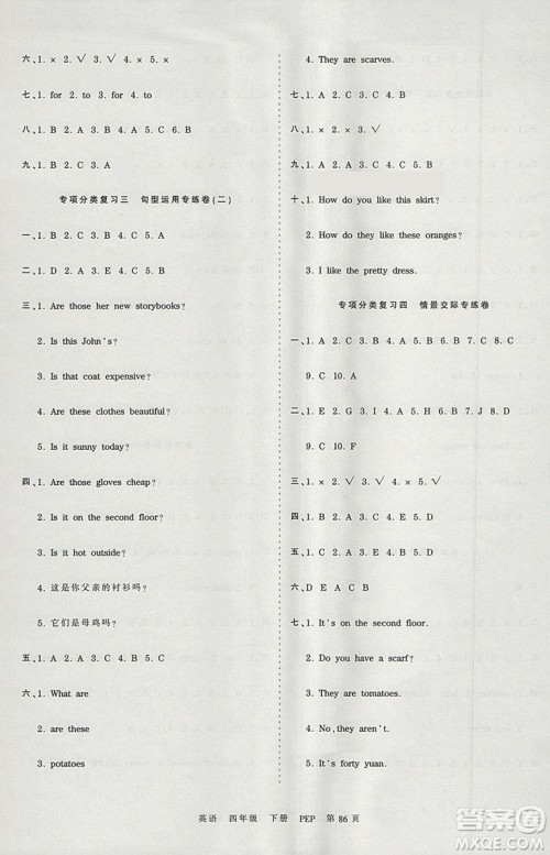 2019年王朝霞考点梳理时习卷四年级英语下册人教PEP版参考答案 2019年王朝霞考点梳理时习卷四年级英语下册人教PEP版参考答案