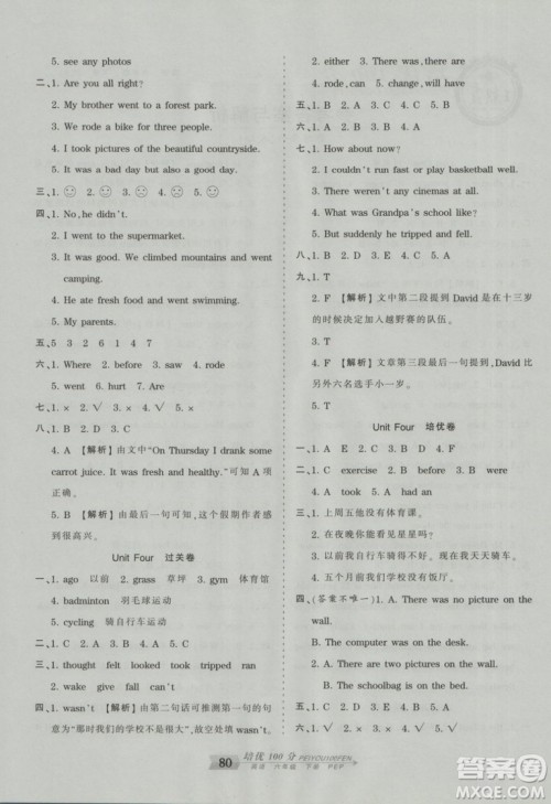 2019年王朝霞培优100分六年级英语下册人教PEP版参考答案