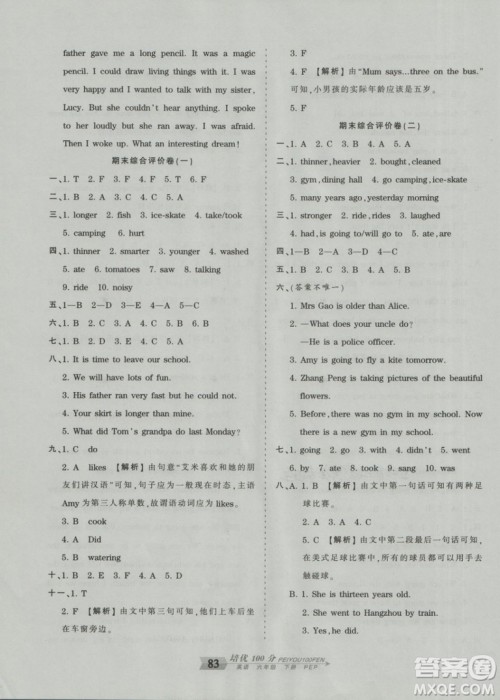 2019年王朝霞培优100分六年级英语下册人教PEP版参考答案