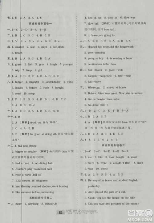 2019年王朝霞培优100分六年级英语下册人教PEP版参考答案