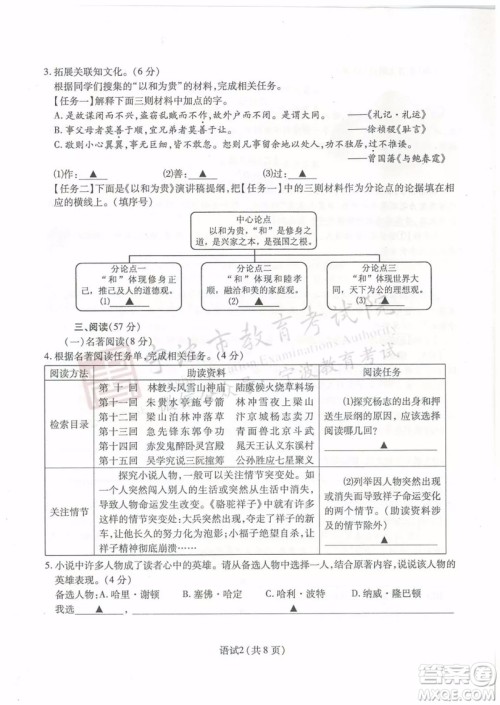 2019年宁波市中考语文试题及参考答案