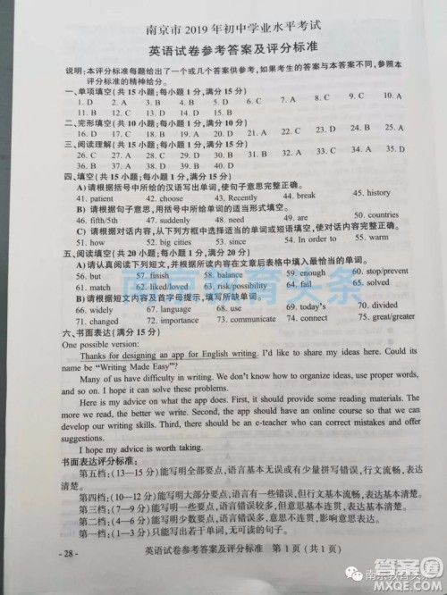 2019年南京市中考真题英语试题及答案 2019年南京市中考真题英语试题及答案