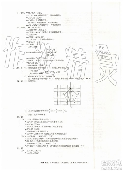 期末赢家2019年七年级数学下册济南地区专用参考答案