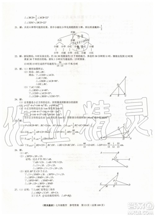 期末赢家2019年七年级数学下册济南地区专用参考答案