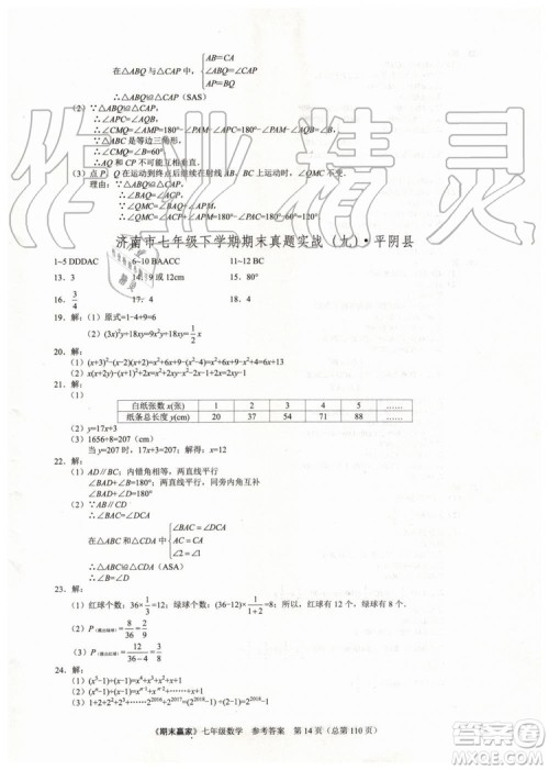 期末赢家2019年七年级数学下册济南地区专用参考答案