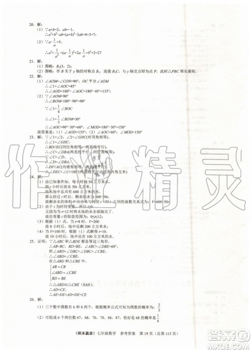 期末赢家2019年七年级数学下册济南地区专用参考答案