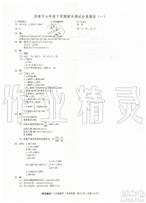 期末赢家2019年七年级数学下册济南地区专用参考答案