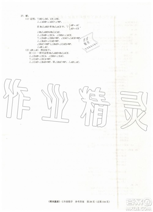 期末赢家2019年七年级数学下册济南地区专用参考答案