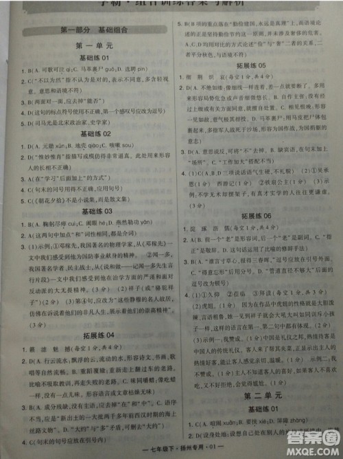 经纶学典2019年学霸题中题组合训练语文七年级下册扬州专用参考答案