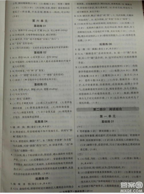 经纶学典2019年学霸题中题组合训练语文七年级下册扬州专用参考答案