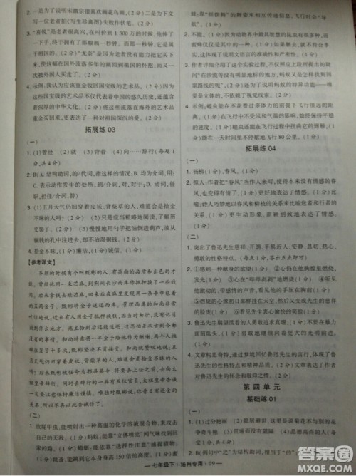 经纶学典2019年学霸题中题组合训练语文七年级下册扬州专用参考答案