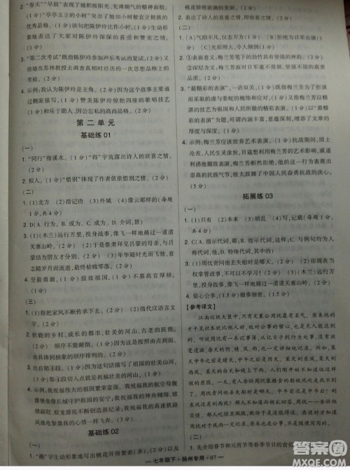 经纶学典2019年学霸题中题组合训练语文七年级下册扬州专用参考答案