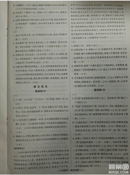 经纶学典2019年学霸题中题组合训练语文七年级下册扬州专用参考答案