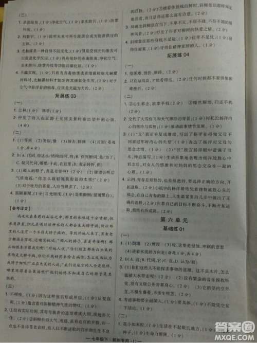 经纶学典2019年学霸题中题组合训练语文七年级下册扬州专用参考答案