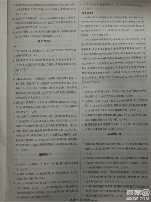 经纶学典2019年学霸题中题组合训练语文七年级下册扬州专用参考答案