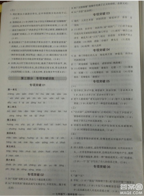 经纶学典2019年学霸题中题组合训练语文七年级下册扬州专用参考答案