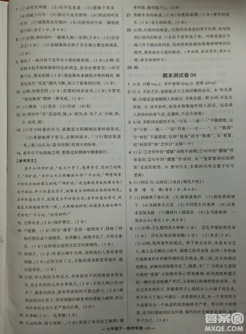经纶学典2019年学霸题中题组合训练语文七年级下册扬州专用参考答案
