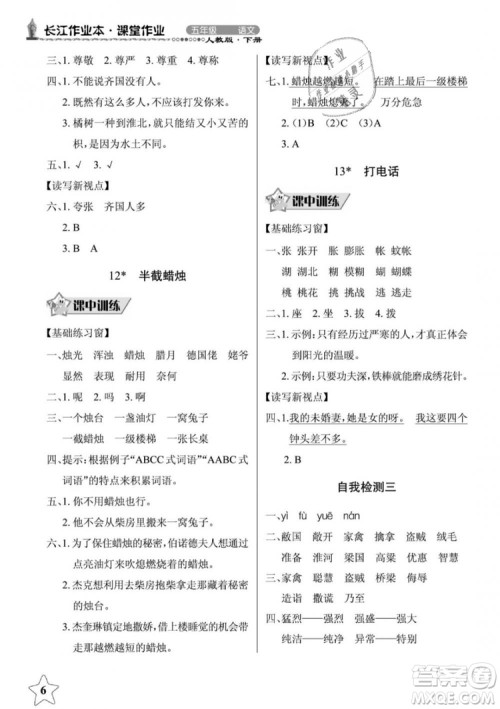 2019年长江作业本同步练习册五年级语文下册人教版参考答案