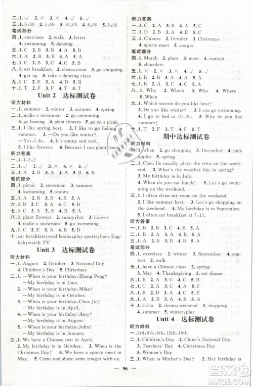 鸿鹄志文化2019年名师测控五年级英语下册RJ人教版参考答案