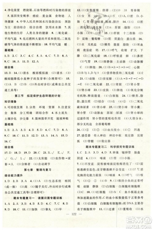 2019年万羽文化名师学案七年级下册生物人教版参考答案