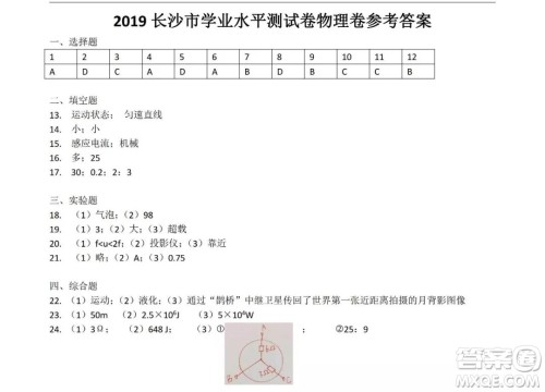 2019年长沙中考真题物理试卷及答案 2019年长沙中考真题物理试卷及答案
