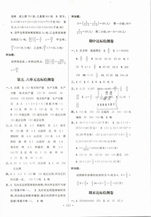2019年江苏好卷六年级数学下册苏教版SJ参考答案