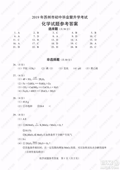 2019年苏州市中考化学试题及参考答案