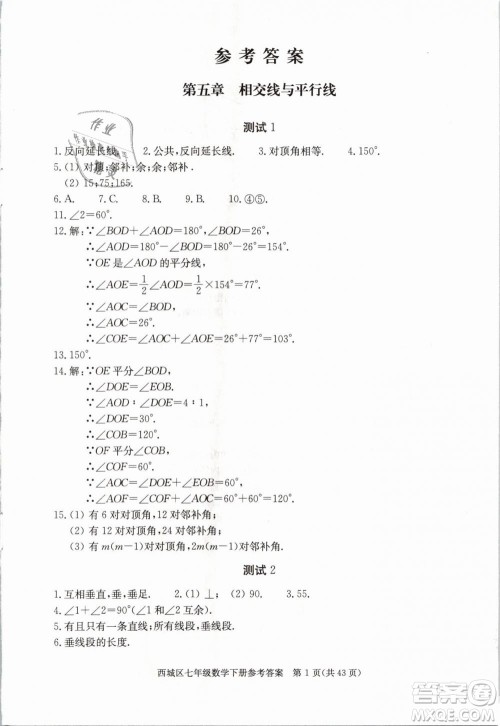 2019年北京西城学习探究诊断七年级数学下册人教版参考答案 2019年北京西城学习探究诊断七年级数学下册人教版参考答案