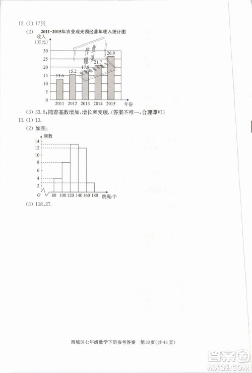 2019年北京西城学习探究诊断七年级数学下册人教版参考答案 2019年北京西城学习探究诊断七年级数学下册人教版参考答案